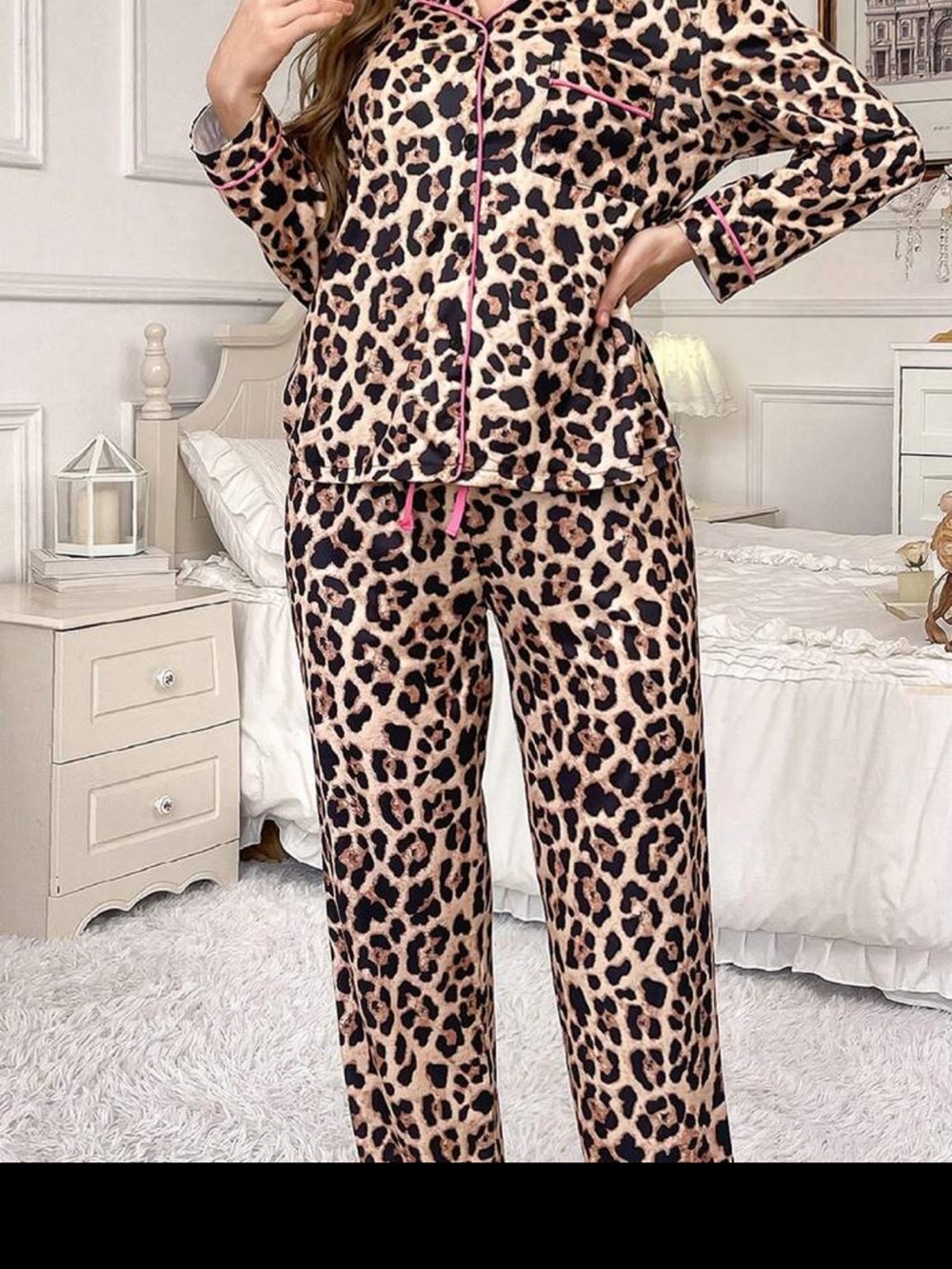 Designer Leopard Print Satin Pajama Set Pink Piping large - Picture 2 of 4